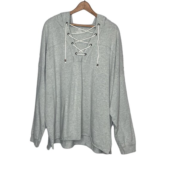 Aerie Large L Gray Lace Up Sunday Soft 100% Cotton Pullover Hoodie Sweater - Picture 4 of 7